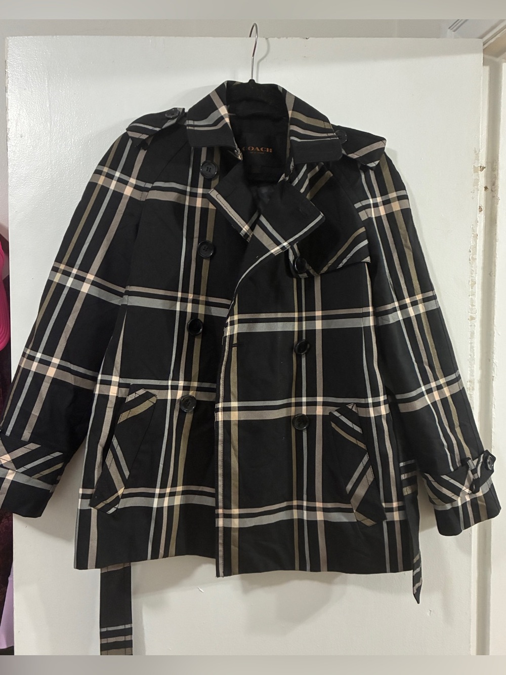 Coach Tattersall Double Breasted Eyelet Trench Coat Black Small